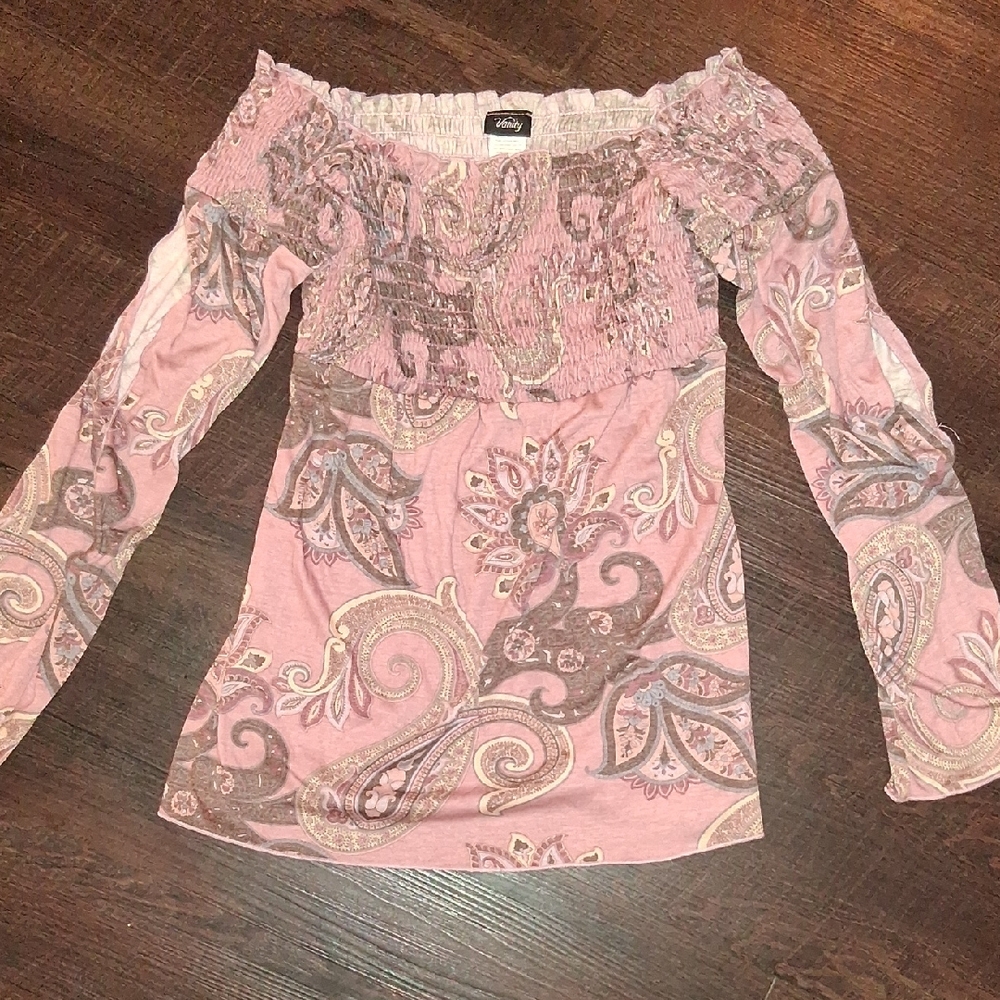 Vanity Pink Paisley Off-Shoulder Smocked Blouse